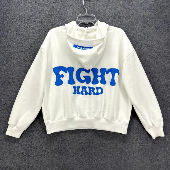 SHEIN Hoodie Womens XS White EZwear Blue Letter Graphic Drawstring Sweatshirt - Picture 2 of 16